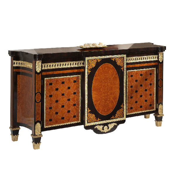 Sophisticated Sideboard with Rich Wood Finish and Elegant Gold Accents
