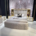 Luxury Upholstered Bedroom Set with Mirrored Wardrobe and Gold Accents