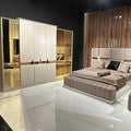 Modern Upholstered Bedroom Set with Mirrored Doors and Gold Accents