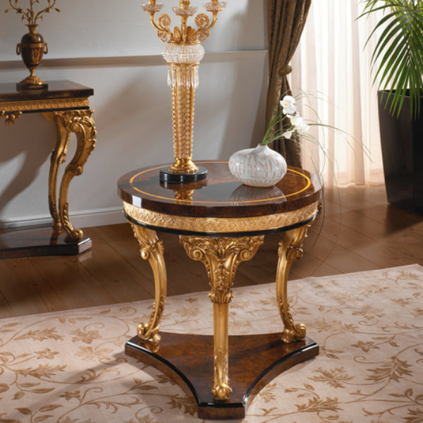 Luxurious Round Side Table with Rich Wood Top and Golden Accents