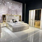 Luxury Upholstered Bedroom Set with Mirrored Wardrobe and Gold Accents