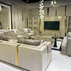 Contemporary Beige Living Room Set with Gold Detailing and High-Gloss Finish