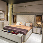 Sophisticated Modern Bedroom Set with Textured Headboard and Elegant Gold Accents