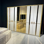 Luxury Upholstered Bedroom Set with Mirrored Wardrobe and Gold Accents