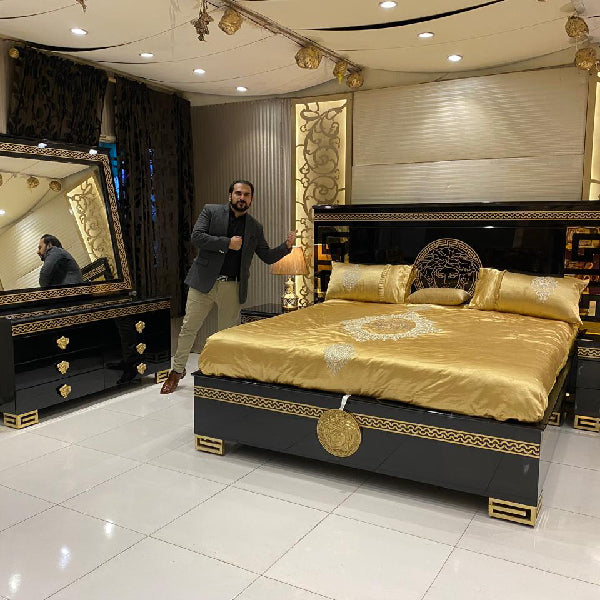 Luxury Greek Pattern Bed with Brass Accents