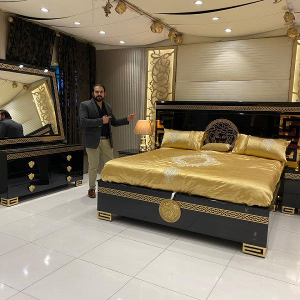 Luxury Greek Pattern Bed with Brass Accents