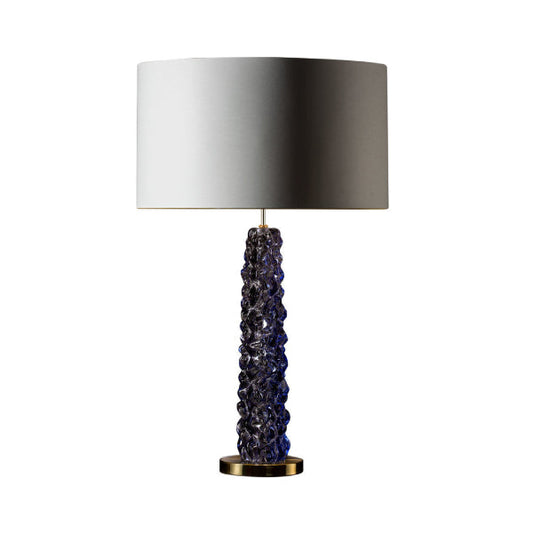 Elegant Table Lamp with Textured Blue Glass Base and Metallic Shade