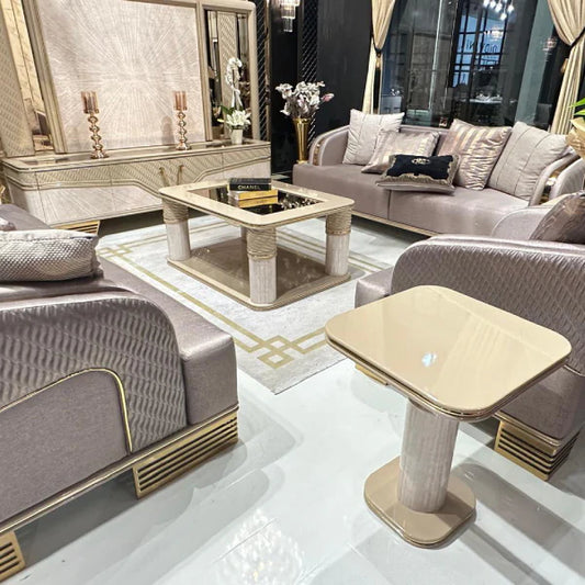 Elegant Modern Living Room Set with Quilted Upholstery and Gold Accents