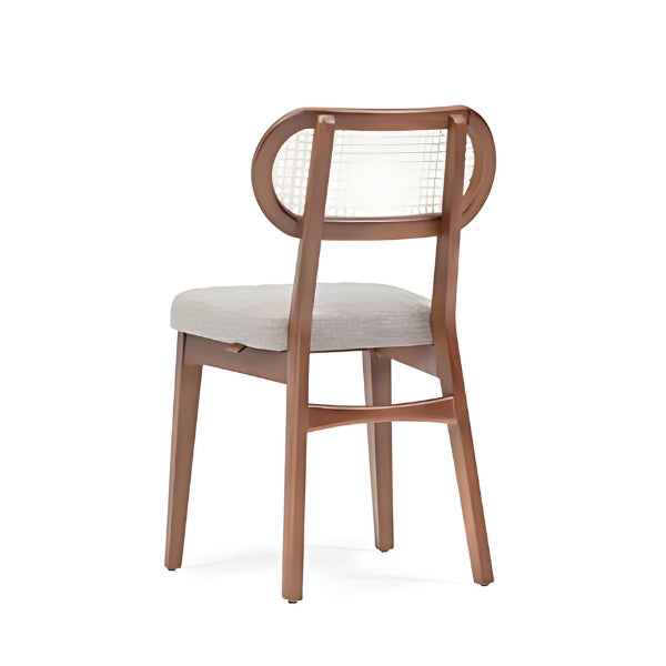 Elegant Beige Upholstered Chair with Rattan Back and Walnut Frame