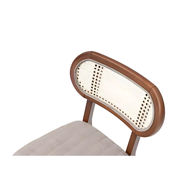 Elegant Beige Upholstered Chair with Rattan Back and Walnut Frame