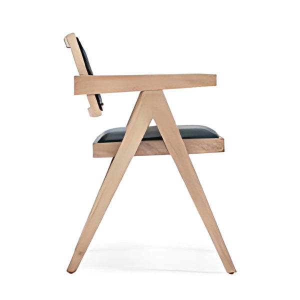 Stylish Light Wood Armchair with Black Leather Seat