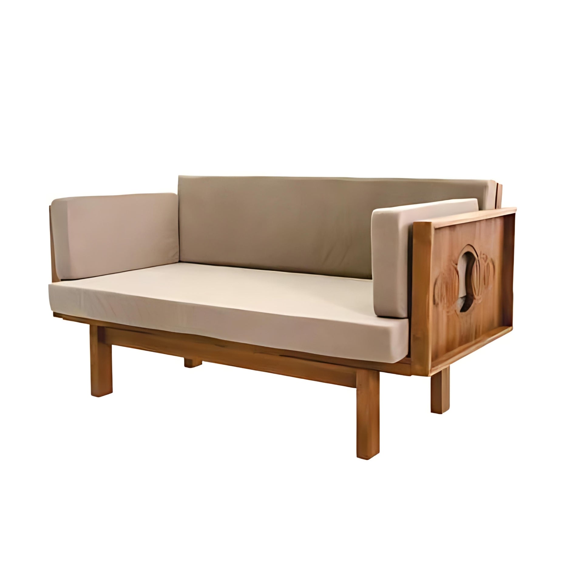 Modern minimalist accent chair with plush cushions and slatted design