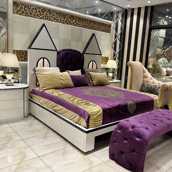 Royal Purple Velvet Bed with Golden Accents and Castle-Shaped Headboard