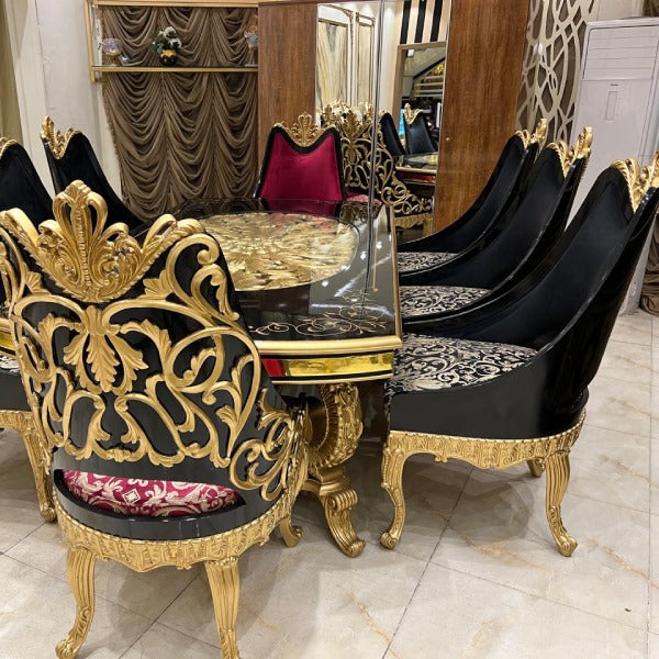 Luxury Black and Gold Dining Table Set for 8
