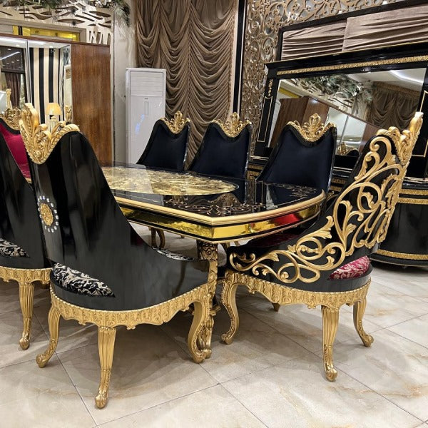 Luxury Black and Gold Dining Table Set for 8