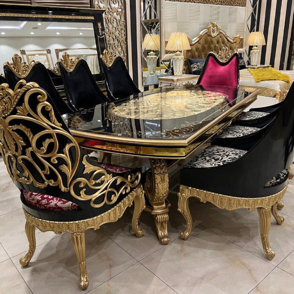 Luxury Black and Gold Dining Table Set for 8