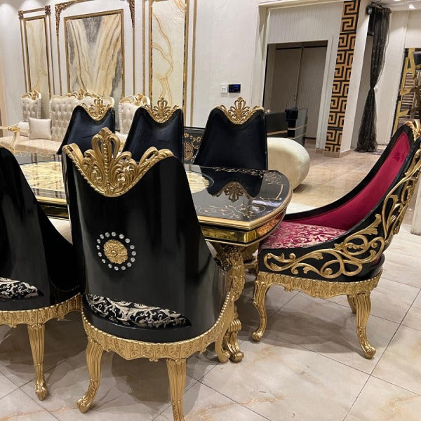 Luxury Black and Gold Dining Table Set for 8