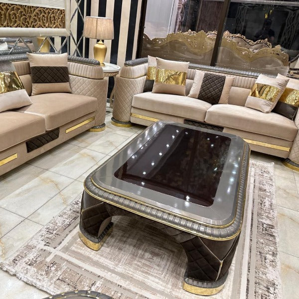 Modern Royal Living Room Collection with Mirrored Accents and Plush Cushions