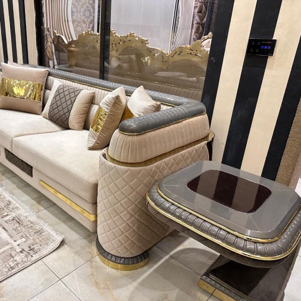 Modern Royal Living Room Collection with Mirrored Accents and Plush Cushions