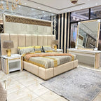 Modern Royal Bed with Mirrored Dresser and Statement Wall Art