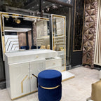 Golden Luxury Bed with Mirrored Headboard and Velvet Upholstery