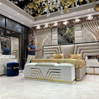 Golden Luxury Bed with Mirrored Headboard and Velvet Upholstery