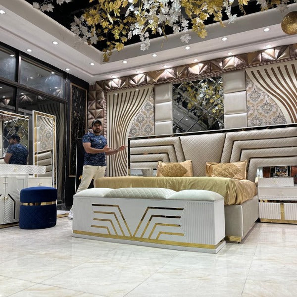 Golden Luxury Bed with Mirrored Headboard and Velvet Upholstery