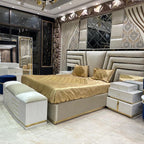 Golden Luxury Bed with Mirrored Headboard and Velvet Upholstery