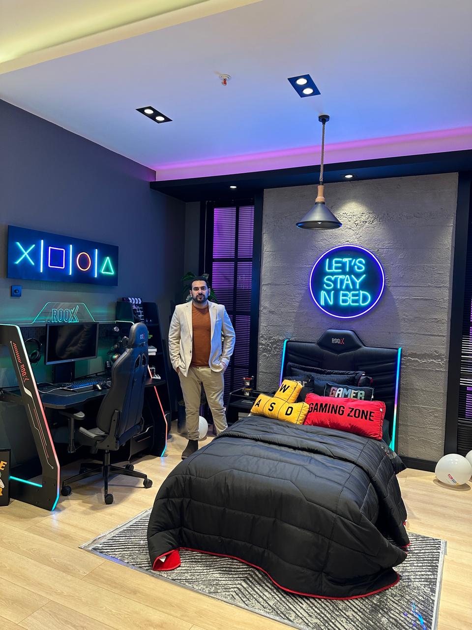 Modern Gaming Bedroom Set with LED Lighting, Ergonomic Chair, and Gaming Themed Decor for Gamers