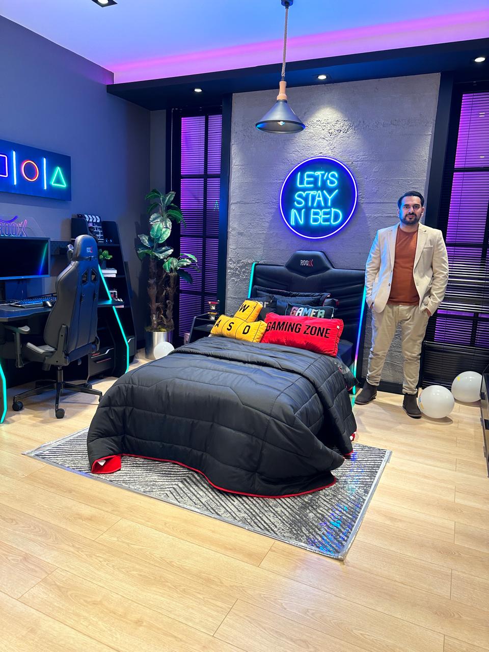 Modern Gaming Bedroom Set with LED Lighting, Ergonomic Chair, and Gaming Themed Decor for Gamers