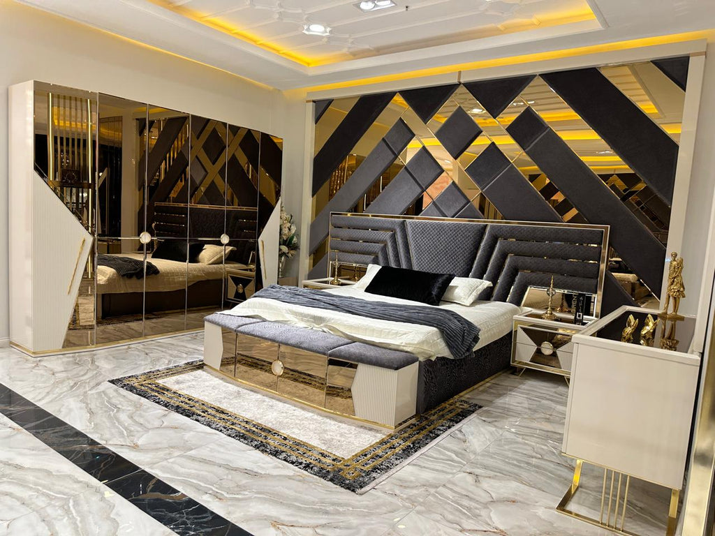 Modern Glamour Bedroom Suite with Geometric Design and Gold Accents