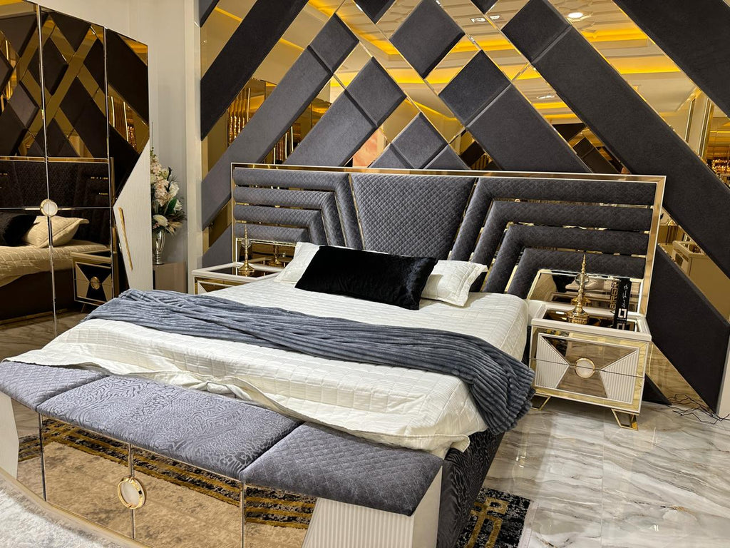 Modern Glamour Bedroom Suite with Geometric Design and Gold Accents