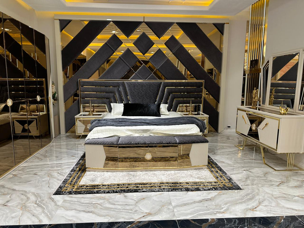 Modern Glamour Bedroom Suite with Geometric Design and Gold Accents