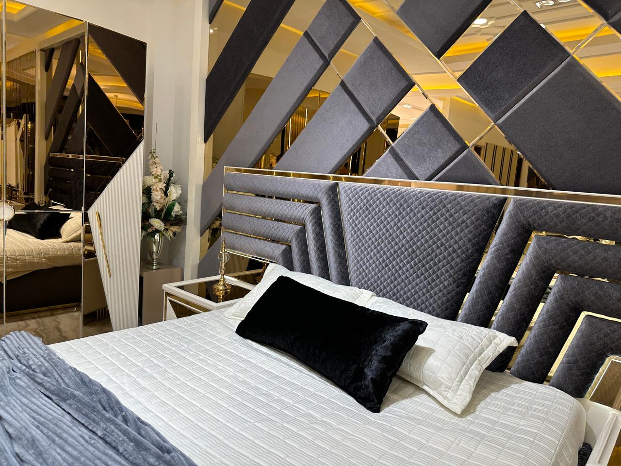 Modern Glamour Bedroom Suite with Geometric Design and Gold Accents