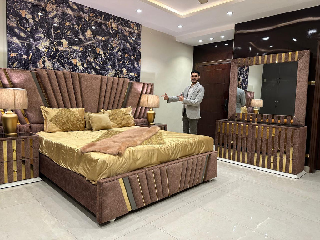 Luxurious Modern Bedroom Suite with Gold Accents and Elegant Design