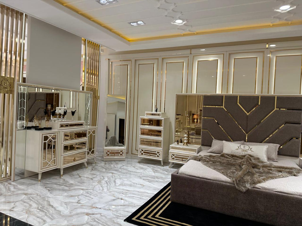 Geometric Elegance Bedroom Suite with Mirrored Accents and Marble Finish