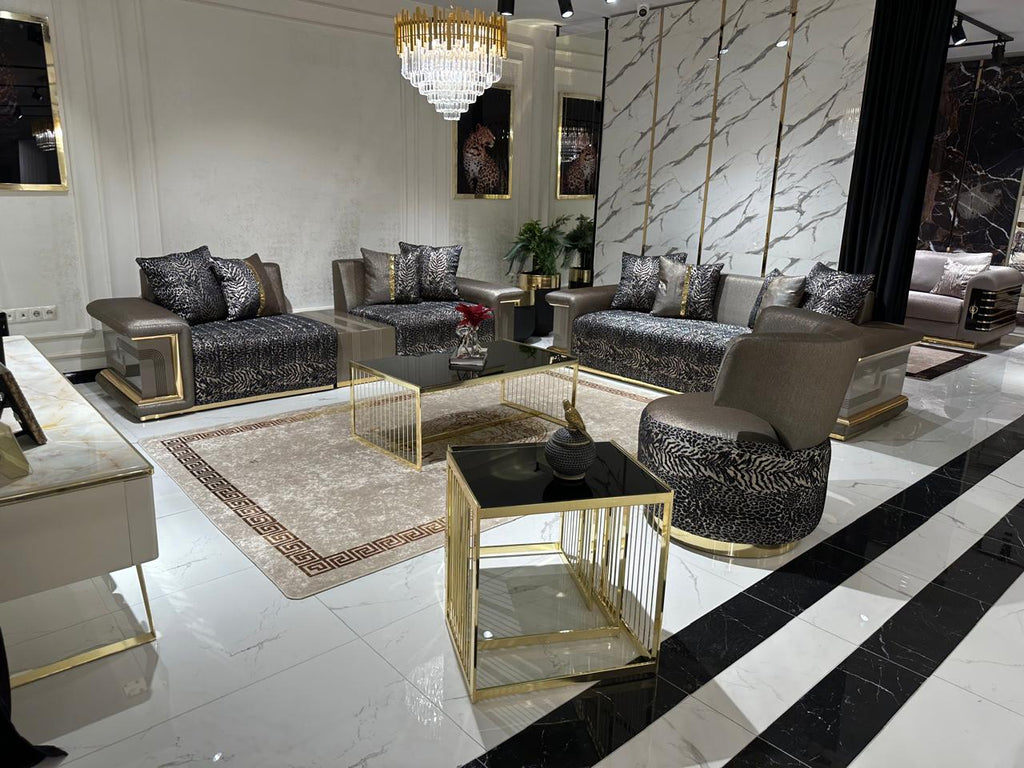 Luxury Modern Living Room Set with Elegant Animal Print and Gold Accents
