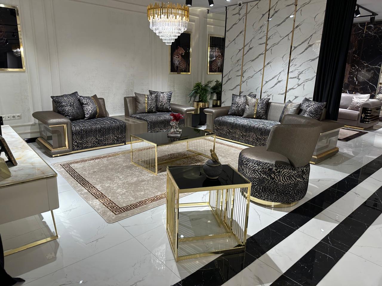 Luxury Modern Living Room Set with Elegant Animal Print and Gold Accents