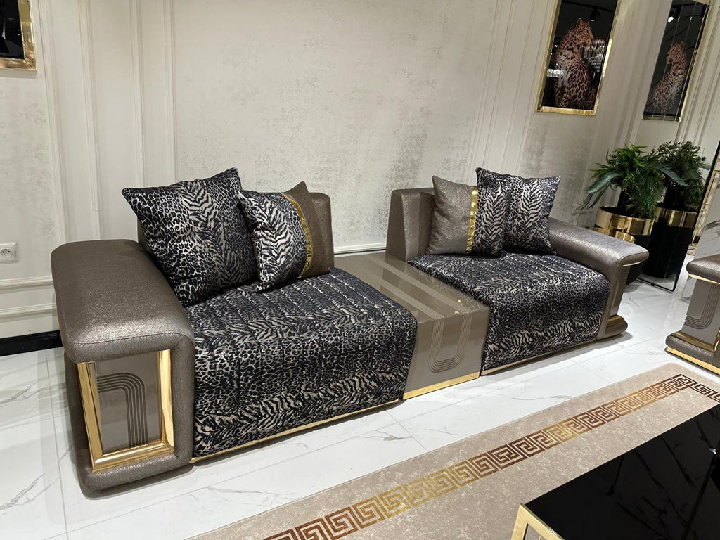 Luxury Modern Living Room Set with Elegant Animal Print and Gold Accents