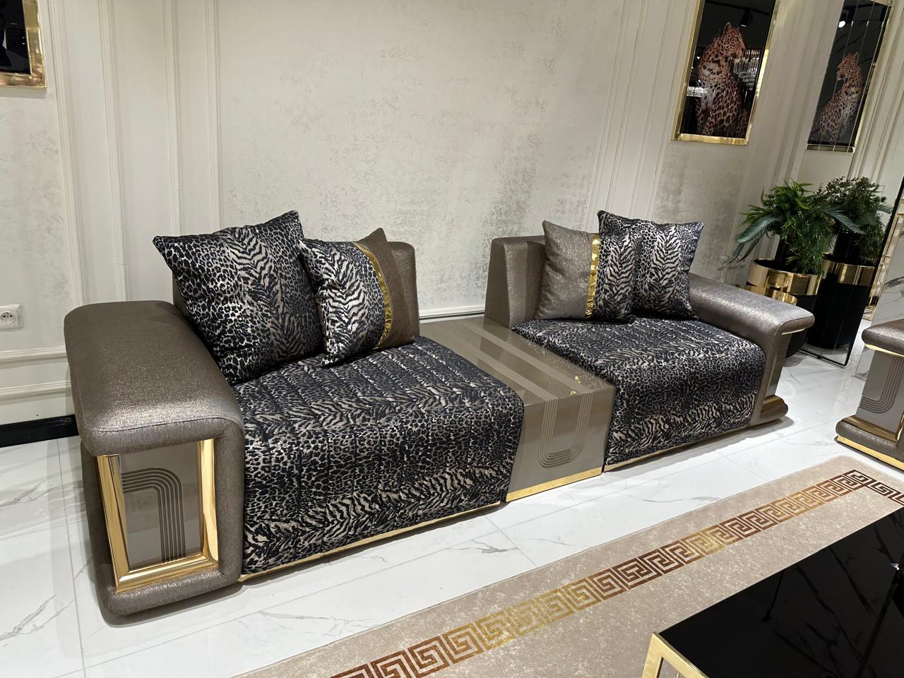 Luxury Modern Living Room Set with Elegant Animal Print and Gold Accents