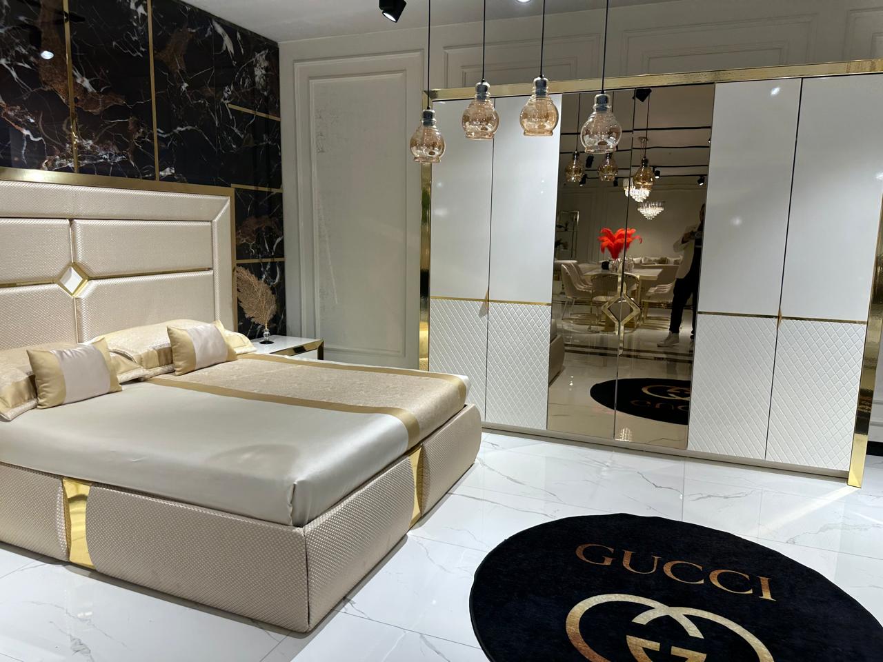 Opulent Modern Bedroom Set with Curved Headboard and Luxurious Details