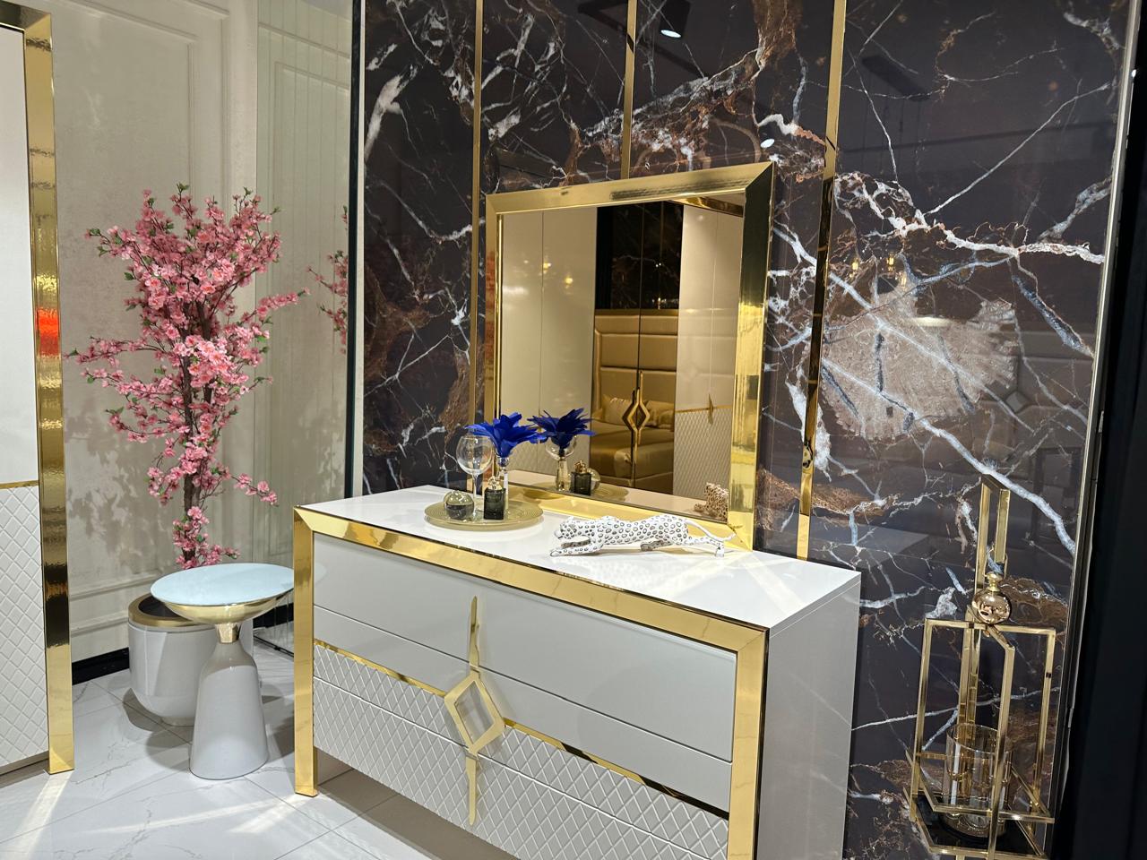 Opulent Modern Bedroom Set with Curved Headboard and Luxurious Details