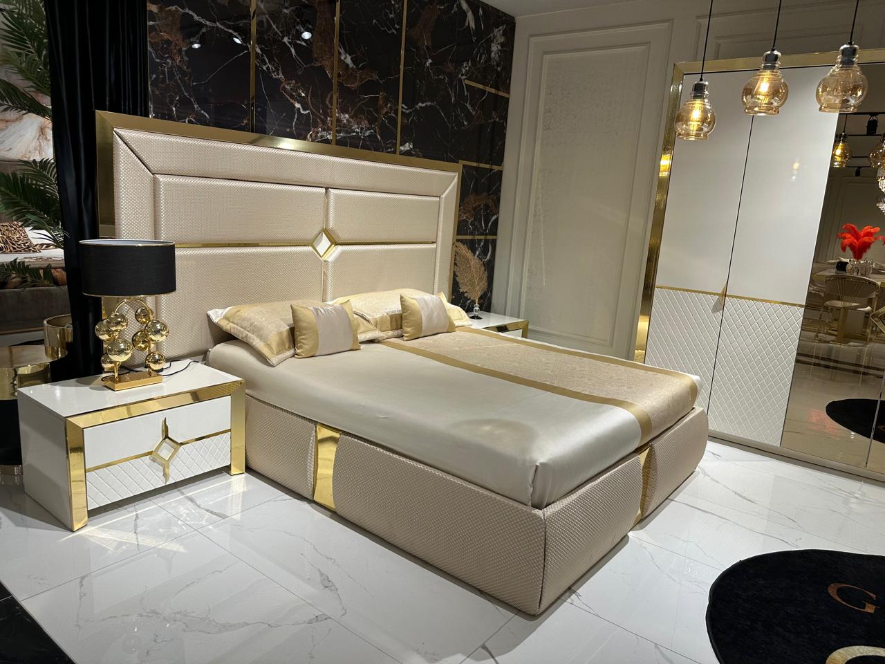Opulent Modern Bedroom Set with Curved Headboard and Luxurious Details