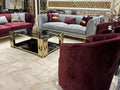 Luxurious Modern Living Room Sofa Set with Rich Burgundy and Gold Accents