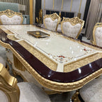 10-Seater Italian Dining Table with Marble Inlay Top and Hand-Carved Details